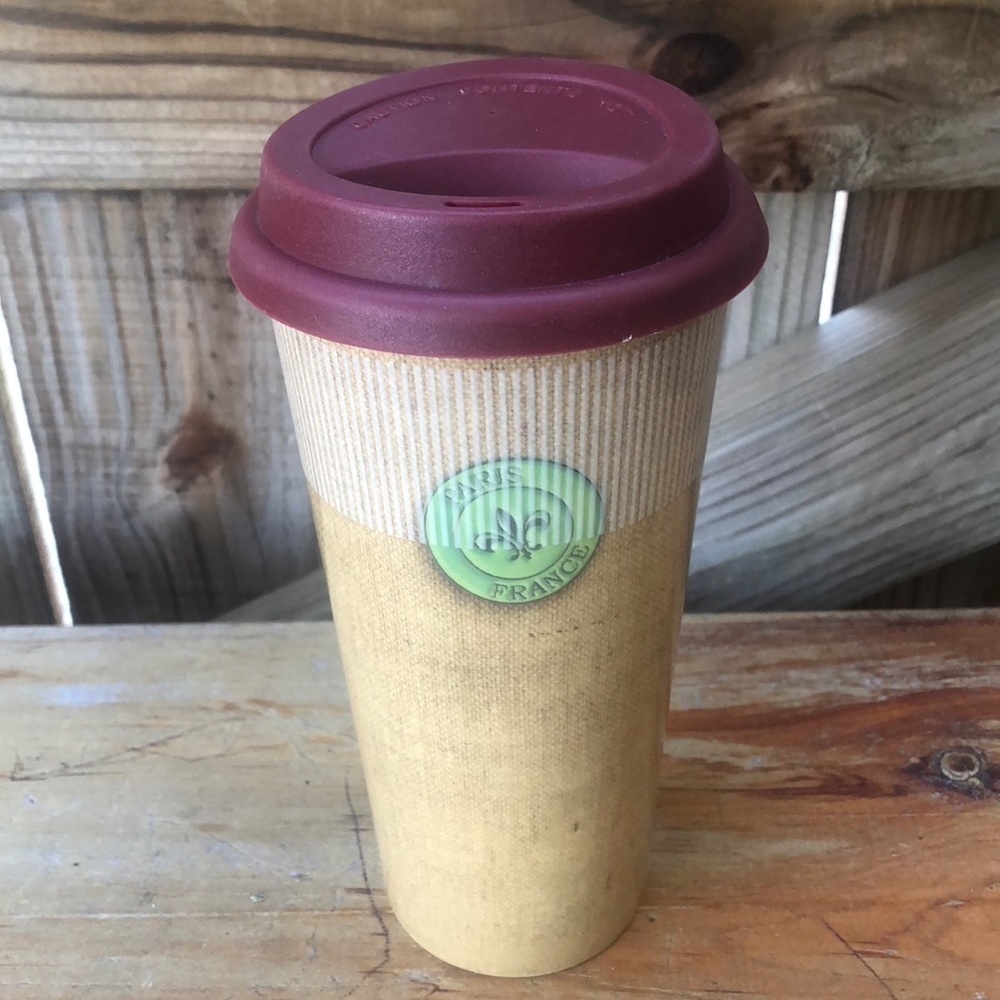Ballard Designs 16oz Insulated Ceramic Paris France Tumbler & Brown Silicone Lid